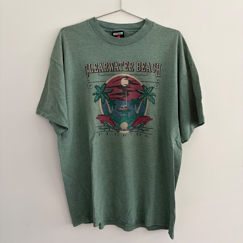 Vintage Signal Sport Clearwater Beach Florida Graphic T-Shirt Green XL